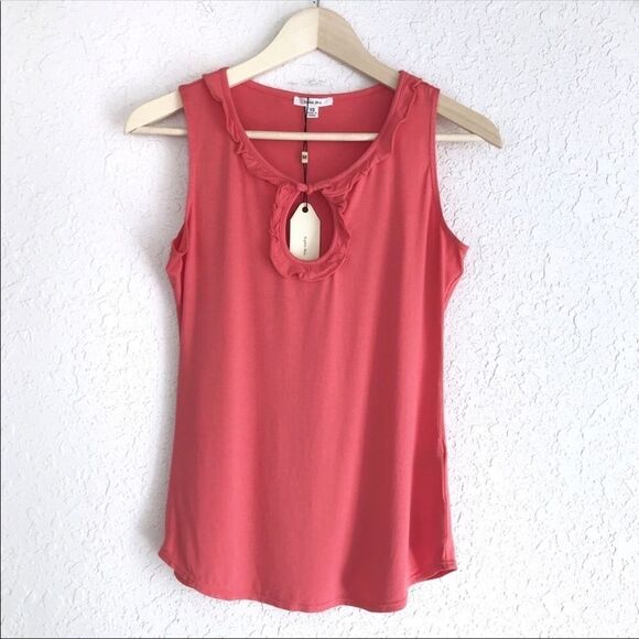 SOPHIE MAX Coral Pink Tank Top‎ Ruffle Sleeveless Stretch Keyhole Summer XS New - Picture 4 of 10